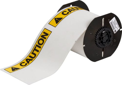 B30 Series ToughWash Polyester Labels w/CAUTION Header 4'' H x 6.25'' W Roll of 100 Labels Black/Yellow on White