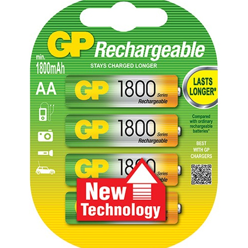 NiMH Rechargable Batteries AA Low Self Discharge 1.2V 1800mAh 14.5x50.5mm 4qty/pk
