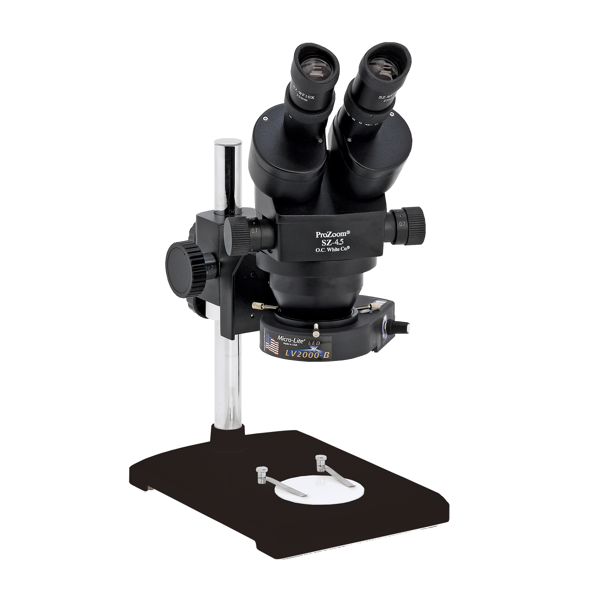 O.C.White Prozoom 4.5 Stereo-Zoom Microscope with Lab Style Base LV2000 B LED Ring Light